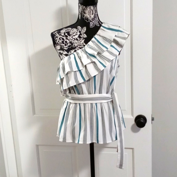 🆕️ 🌿Ann Taylor🌿 - Cream/Teal Striped One Shoulder Ruffle Top w/Sash - Picture 1 of 10